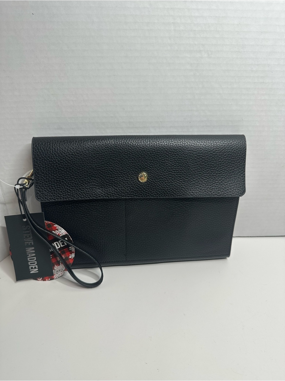 Steve Madden Black Pebbled Leather Wristlet Clutch with Detachable Strap